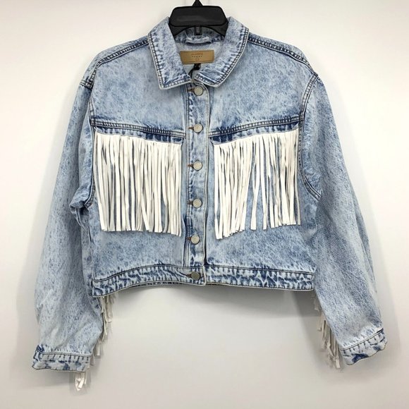 BlankNYC Jacket Nice Try Blue Denim White Fringe Button - Picture 5 of 14